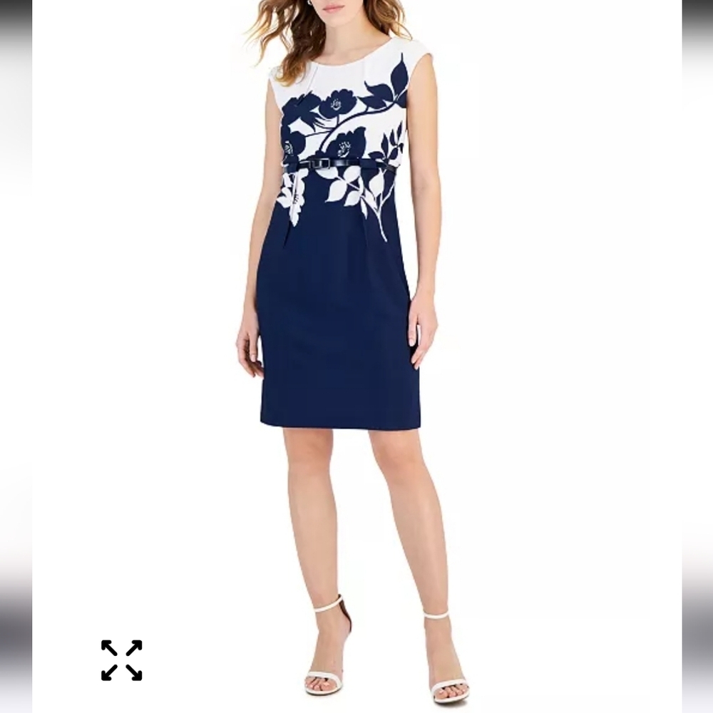 Connected Women Printed Cap-Sleeve Belted Sheath Dress Sz 14 NWT Cocktail Office